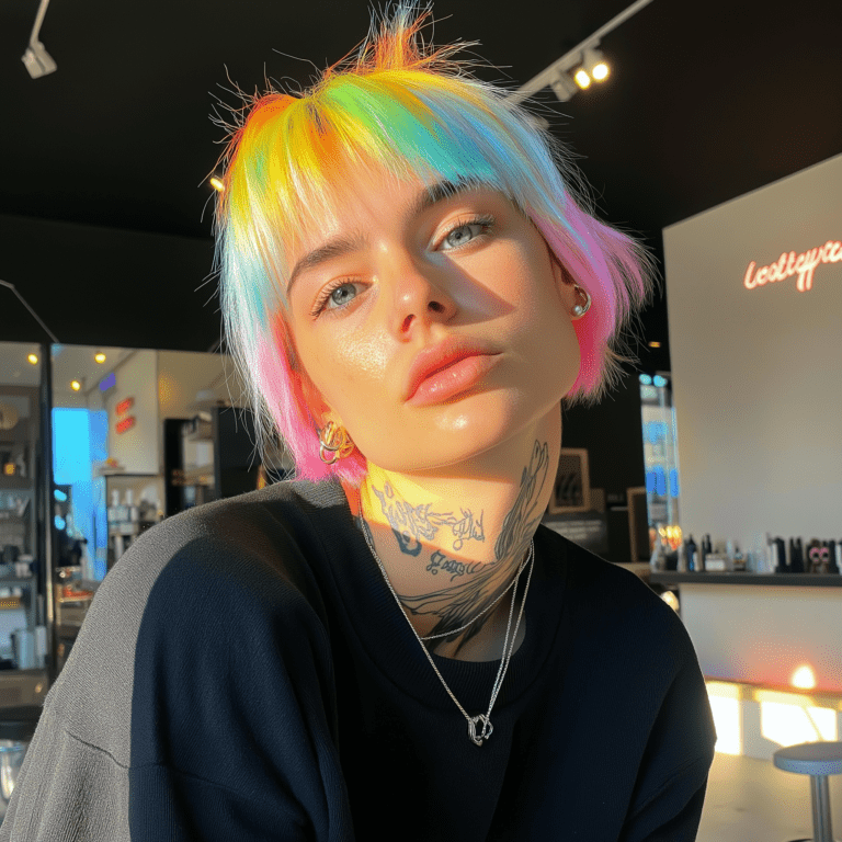 woman with a round face  hair styled in a rainbow colour with a wolf cut  She has medium length hair  shaggy lob  with vibrant hair color. png