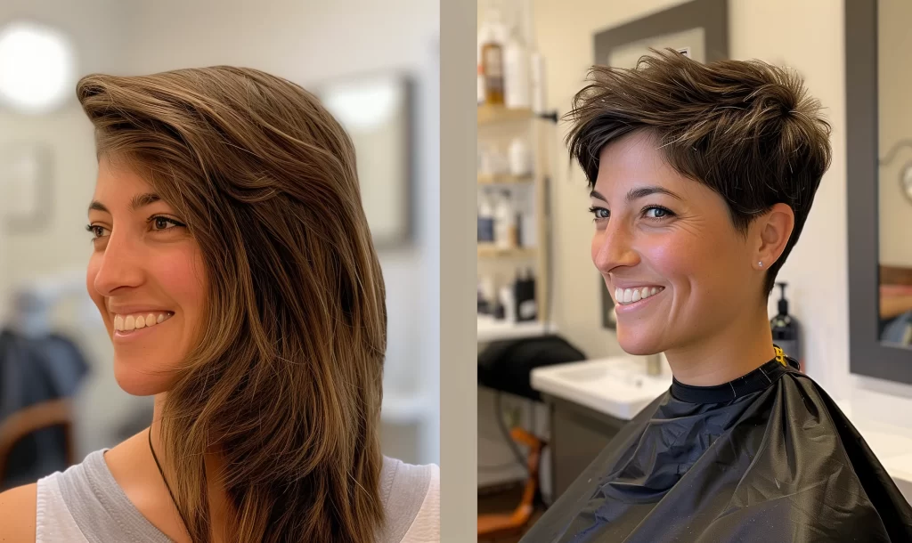 before and after salon style of coppy pixie cut,  low-maintenance choppy pixie cut for women over 50